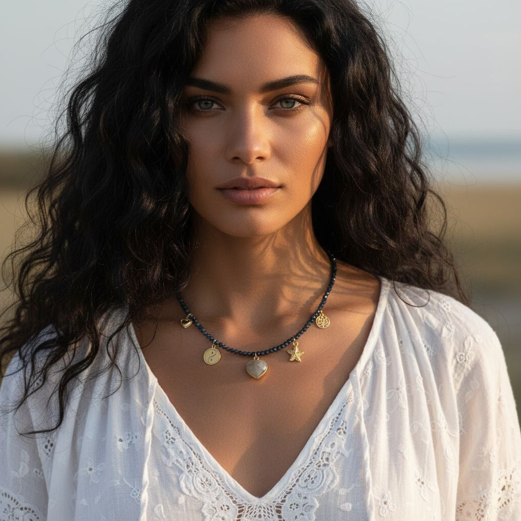 Blue sapphire necklace with gold stainless steel charms and a heart-shaped pendant with labradorite