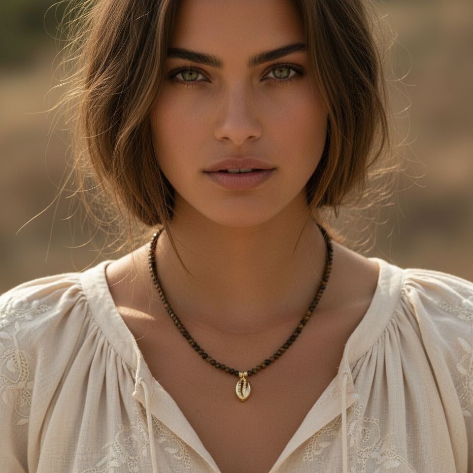 Tijgeroog ketting met gouden roestvrijstalen schelp