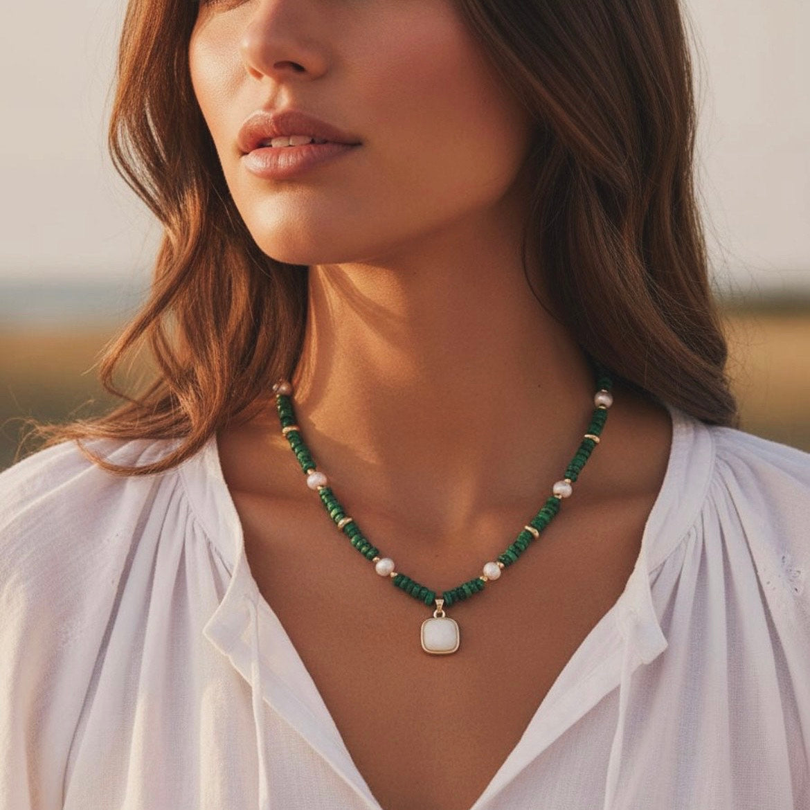 Boho chic necklace with African turquoise, freshwater pearls & moonstone