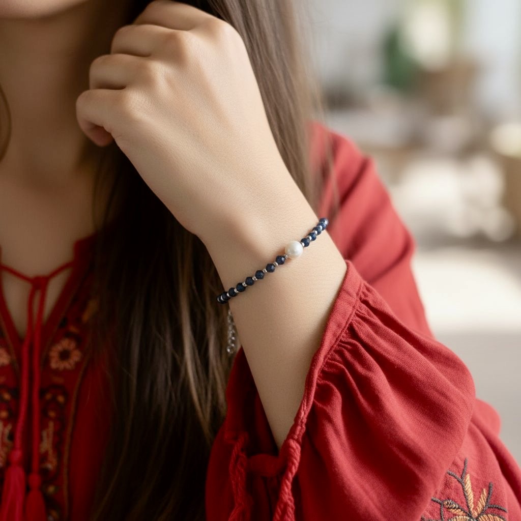 Blauwe saffier armband met zoetwaterparel