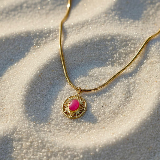 Gouden roestvrijstalen snake ketting met roze jade