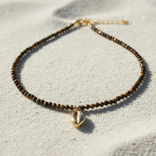 Tijgeroog ketting met gouden roestvrijstalen schelp