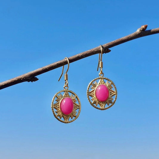 Bohemian oorbellen met roze jade in goud roestvrij staal