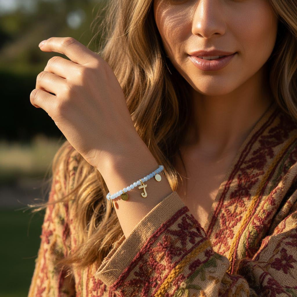 Aquamarijn armband met gouden muntjes en letter